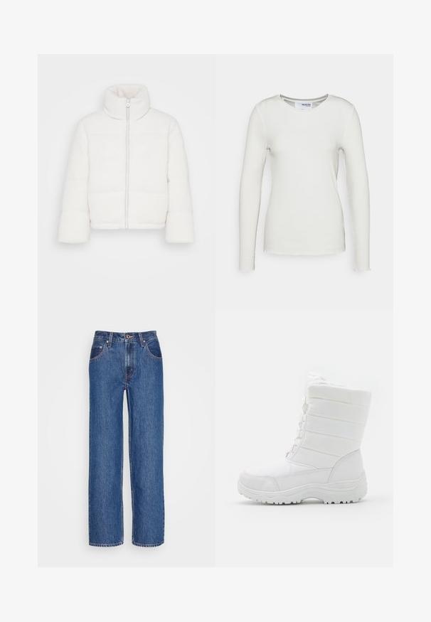 ONLY Petite ONLDOLLY HIGHNECK PUFFER - Veste d'hiver - silver lining; T-shirt à manches longues en blanc côtelé avec un col arrondi, présentant des détails de coupe brute à l'ourlet et une silhouette ajustée. Fabriqué à partir d'un tissu doux.; Levi's® 94 BAGGY SILVERTAB - Jean boyfriend - i'm never wrong stone; Bottes d'hiver blanches imperméables avec un dessus rembourré, un design texturé, des lacets réglables et une semelle en caoutchouc robuste pour une meilleure traction.