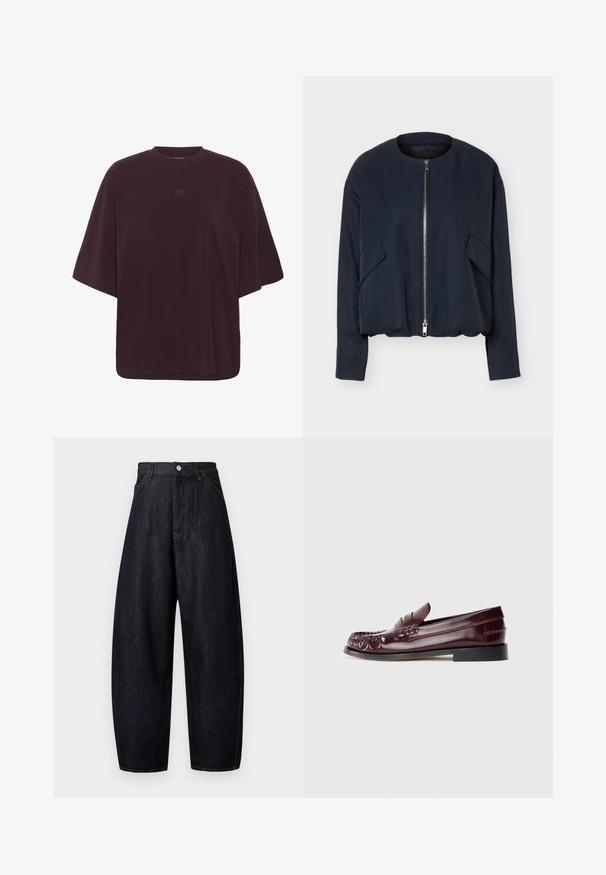 Marineblaue Langarmjacke mit rundem Kragen, vorderem silbernem Reißverschluss und schrägen Klappentaschen auf jeder Seite vor weißem Hintergrund.; Oversized kurzärmliges T-Shirt in dunklemburgunderrot mit Rundhalsausschnitt und kleinem, mittig gesticktem Logo auf der Brust.; Dunkle Denimhose mit lockerem Sitz, hoher Taille und kontrastierender orangefarbener Naht. Verfügt über einen vorderen Knopfverschluss und Seitentaschen.; Burgunderfarbene Leder-Pennyloafer mit schwarzer Sohle und goldfarbener Metallakzent auf dem Blatt, seitliche Ansicht auf weißem Hintergrund gezeigt.
