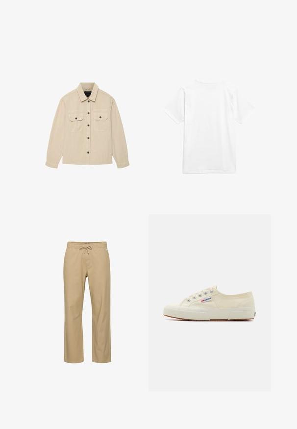 Beige langærmet skjorte med knapper foran, to forlommer med klapper og klassisk krave, lagt fladt på hvid baggrund.; Hvid bomulds t-shirt med korte ærmer og rund halsudskæring. Stoffet ser glat ud uden mønstre eller synlig hardware.; Beige bomuldsbukser med afslappet pasform, elastik i taljen og snøre. Har sidelommer og lige ben. Ingen synlige mønstre.; Beige lærredssneaker med et lavprofildesign, metaløjet og gummisål. Har et tekstureret mønster og logodetalje på siden.