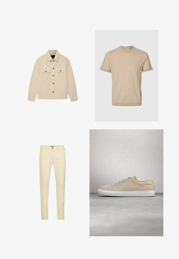 Camisa beige de manga larga con botones, con dos bolsillos frontales de solapa con botones y cuello clásico, extendida sobre un fondo blanco.; Suéter de manga corta beige con cuello redondo, puños acanalados y una textura sutil. Tejido de punto suave con dobladillo recto y detalles mínimos.; Chinos de algodón beige con un corte slim, que cuentan con un cierre de botón y un detalle de costura sutil en los bolsillos. Textura suave con un acabado pulido.; Zapatilla de ante beige con puntera redondeada, suela de goma blanca y cordones a juego. Diseño minimalista con sutiles detalles de costura.