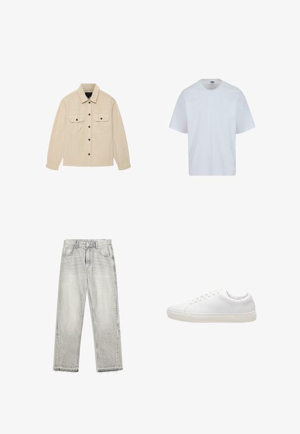 Beiges, langärmliges Hemd mit Knopfleiste, zwei vorderen Taschen mit Klappen und klassischem Kragen, flach auf weißem Hintergrund liegend.; Weißes Baumwoll-T-Shirt mit rundem Halsausschnitt, kurzen Ärmeln und geradem Schnitt. Verfügt über dezente Nähte an den Schultern.; Hellgraue Jeans aus Denim mit leicht gefärbtem Finish, geradem Schnitt, fünf Taschen-Design und ausgefranstem Saum. Flacher Bund mit Gürtelschlaufen.; Weiße Leder-Sneaker mit glatter Textur, runder Zehenpartie, Schnürverschluss und flacher Gummisohle. Minimalistisches Design ohne sichtbare Muster.