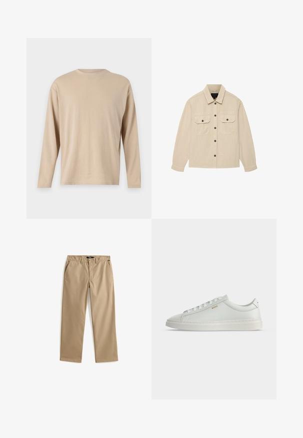 Camisa beige de manga larga con botones, con dos bolsillos frontales de solapa con botones y cuello clásico, extendida sobre un fondo blanco.; Camisa beige de manga larga hecha de tejido suave, con un corte recto, escote redondo y un detalle de costura mínima a lo largo del dobladillo y las mangas.; Pantalones beige de pierna recta con cierre de botón y cremallera, trabillas para cinturón y bolsillos laterales, colocados planos sobre un fondo blanco.; Zapatilla blanca de cuero de corte bajo con cordones, suela plana y pequeño logo dorado "BOSS" en el lateral, vista desde el lado exterior.