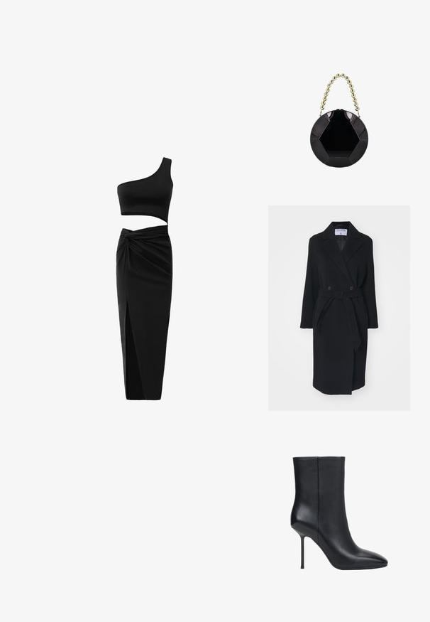 Zwarte wollen jas met een uitgesneden kraag, dubbele knopen en een tailleband. Bevat lange mouwen en zijzakken. Gestructureerde vorm.; Zwart twee-delig outfit met een één-schouder crop top en hoge taille rok met een gedraaide detail en een zijsplit. Glad materiaal.; Zwarte leren enkellaars met puntige neus en dunne stilettohak, gladde textuur, zijaanzicht op witte achtergrond.; Glanzende zwarte ronde handtas met hexagonaal patroon en korte handgreep gemaakt van grote gouden kralen.