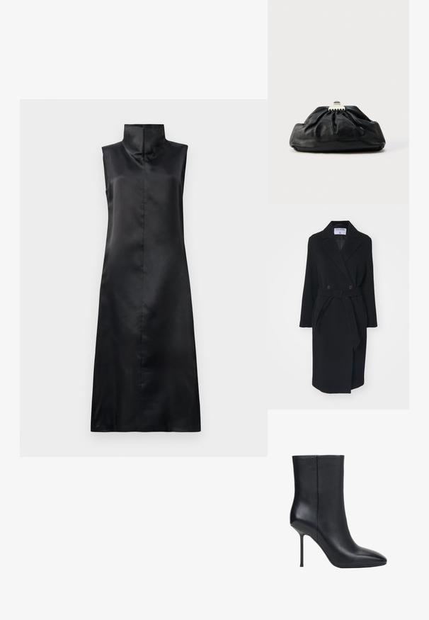Schwarzer Wollmantel mit Reverskragen, doppelten Knöpfen und einem Taillengürtel. Mit langen Ärmeln und seitlichen Taschen. Strukturiert.; Schwarzes, satiniertes ärmelloses Kleid mit hohem Kragen, glatter Textur und geradem, knöchellangem Schnitt. Minimalistisches Design ohne Verzierungen.; Schwarzer Leder-Stiefelette mit spitzer Spitze und dünnem Stiletto-Absatz, glatte Textur, Seitenansicht auf weißem Hintergrund.; Schwarze Leder-Clutch mit geraffter Textur, Metallverschluss und dezentem, auf der Vorderseite geprägtem Logo. Abgerundete Form.