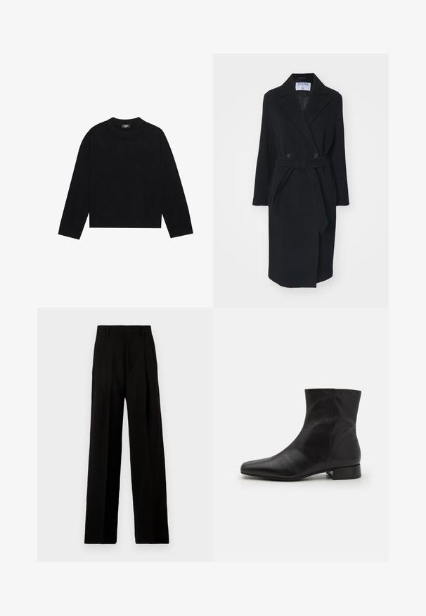 Manteau en laine noire avec un col à revers, des boutons croisés et une ceinture à la taille. Comprend des manches longues et des poches latérales. Coupe structurée.; Pull à col rond noir à manches longues, avec des poignets et un ourlet côtelés, fabriqué dans un matériau doux. Design simple et épuré sans motifs ni accents.; Pantalons larges noirs en tissu lisse, avec une taille haute, des plis avant et un design épuré et ajusté sans embellissements.; Botte cheville en cuir noir avec un bout pointu, texture lisse, design minimaliste et un petit talon carré. La fermeture éclair sur le côté monte jusqu'à la cheville.