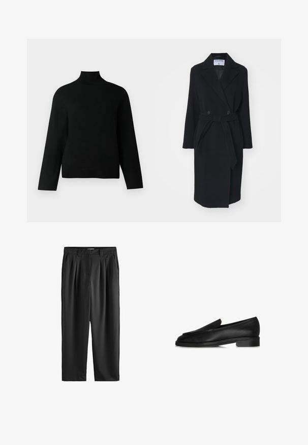Sort uldfrakke med slagkrave, dobbeltradede knapper og bælte i taljen. Har lange ærmer og sidelommer. Har en struktureret form.; Sort turtleneck trøje lavet af blødt strikstof, der har lange ærmer og en afslappet pasform. Glat tekstur uden synlige mønstre eller accenter.; Sorte plisede bukser lavet af glat stof, med en lige ben design og sidelommer. Livremmen er enkel med bæltestropper.; Sorte læderloafer med flad sål, der har et syet design og en subtil detalje på toppen. Glat tekstur og en slank silhuet.