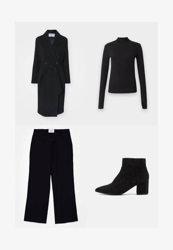 Manteau en laine noire avec un col à revers, des boutons croisés et une ceinture à la taille. Comprend des manches longues et des poches latérales. Coupe structurée.; Haut noir ajusté à manches longues avec col montant, présenté sur un fond gris clair uni.; Pantalons larges noirs en tissu lisse. Dotés d'une taille plate avec passants de ceinture et d'une finition soignée aux ourlets.; Bottines en suede noir avec un bout pointu et un talon carré. Le design est élégant avec des panneaux latéraux sans coutures, créant un look minimaliste.