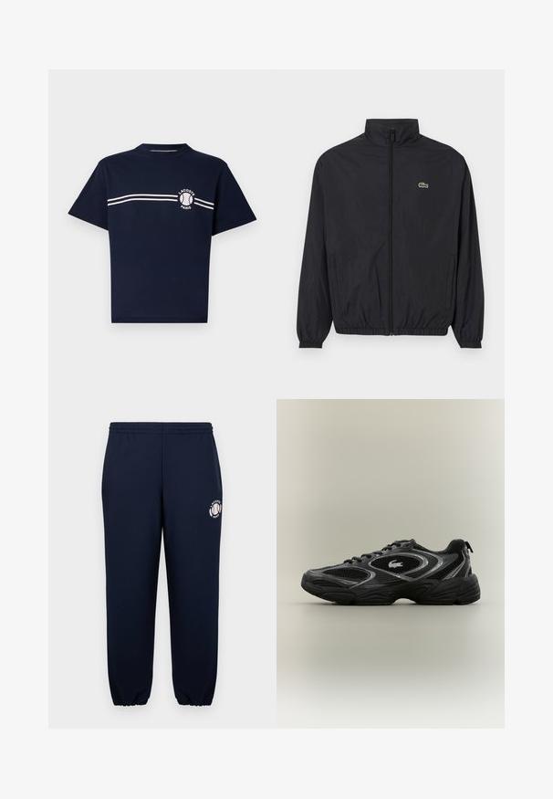 Chaqueta ligera negra con cuello alzado, cierre frontal, puños elásticos y dobladillo. Presenta un pequeño logo verde de Lacoste en el pecho.; Camiseta de algodón navy de manga corta. Presenta un cuello redondo, dos franjas horizontales blancas en el pecho y un detalle de logo en el lado izquierdo.; Pantalones de chándal azul marino hechos de suave algodón, con puños y cinturilla elásticos. Presentan un logotipo blanco de Lacoste Paris en la pierna izquierda.; Zapatilla deportiva negra y gris con paneles de malla, diseño de cordones, suela gruesa y un pequeño logo de cocodrilo en el costado.