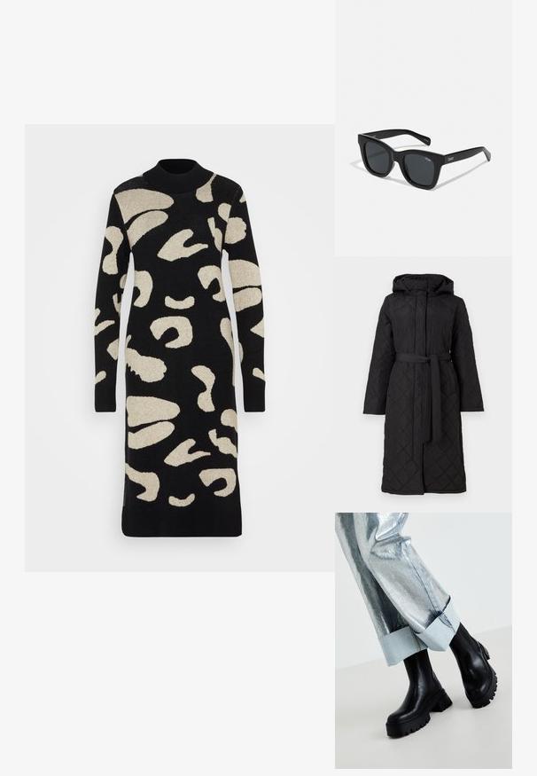 Manteau long noir matelassé avec un motif en losange, capuche attachée et ceinture nouée à la taille. Comprend des manches longues et des poches latérales.; Robe pull en tricot avec un col montant, présentant une base noire et un imprimé léopard abstrait crème, des manches longues et des poignets côtelés.; Bottines noires épaisses à la cheville avec des semelles texturées, portées avec un pantalon argent métallique doté d'un revers en denim clair. Design minimaliste, matériaux élégants.; Lunettes de soleil noires rectangulaires avec une monture en plastique lisse et des verres sombres. Logo "QUAY" sur le côté en blanc. Design minimaliste.