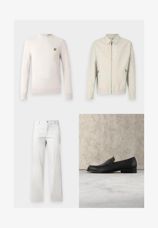 Chaqueta bomber gris claro con cierre frontal, cuello de punta, dos bolsillos laterales y puños elásticos. Tejido suave con un diseño sencillo y minimalista.; Suéter de color beige claro con mangas largas, cuello redondo y dobladillo acanalado. Presenta un pequeño logo bordado en negro y amarillo en el pecho.; Pantalones grises claros con un diseño de pierna recta, fabricados en una tela suave, con cierre frontal de botón y bolsillos laterales.; Zapato mocasín de cuero negro flotando sobre una alfombra beige con una mesa redonda marrón brillante al fondo.