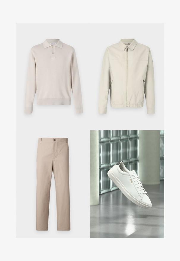 Chaqueta bomber gris claro con cierre frontal, cuello de punta, dos bolsillos laterales y puños elásticos. Tejido suave con un diseño sencillo y minimalista.; Polo de manga larga color beige claro hecho de material suave. Cuenta con un cuello, una tapeta de tres botones y puños y dobladillo acanalados.; Pantalones de algodón beige con corte recto, con cremallera y cierre de botón. Textura suave con bolsillos delanteros y diseño minimalista.; Zapatilla deportiva de piel blanca de corte bajo con cordones, lengüeta negra en el talón y logo "BOSS", flotando en interiores cerca de una pared de bloques de vidrio y suelo pulido.