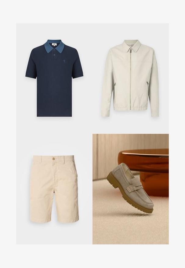 Chaqueta bomber gris claro con cierre frontal, cuello de punta, dos bolsillos laterales y puños elásticos. Tejido suave con un diseño sencillo y minimalista.; Polo azul marino con cuello azul a contraste, mangas cortas, tejido texturizado y un pequeño diseño de corazón bordado en el pecho.; Pantalones cortos de algodón beige con cierre de botón en la parte frontal, bolsillos laterales y corte recto. Textura suave con detalles de costura limpios.; Mocasín de ante gris claro con suela gruesa de goma marrón colocado sobre una alfombra beige frente a una mesa redonda marrón desenfocada.