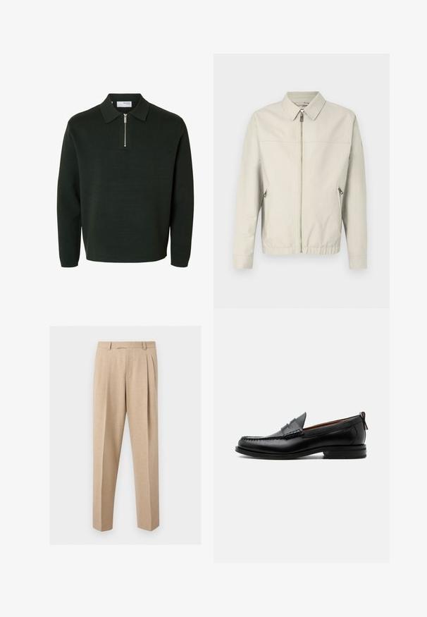 Chaqueta bomber gris claro con cierre frontal, cuello de punta, dos bolsillos laterales y puños elásticos. Tejido suave con un diseño sencillo y minimalista.; Suéter tipo polo de manga larga verde oscuro con cuello con cremallera y dobladillo recto.; Pantalones beige a medida con pinzas delanteras, trabillas para el cinturón y perneras rectas, mostrados sobre un fondo claro y liso.; Mocasín de hombre de piel negra con costura moc toe, tira penny, cuello texturizado y tacón bajo apilado sobre fondo blanco.