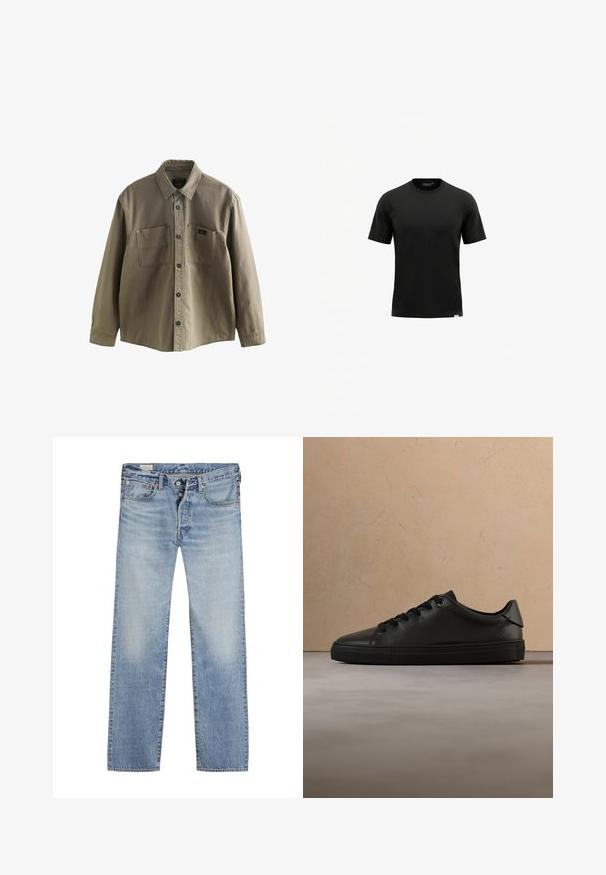 Olivenfarbende Knopfbluse aus Baumwolle. Verfügt über zwei Brusttaschen, Frontknöpfe und einen klassischen Kragen mit glatter Textur.; Schwarzes T-Shirt mit kurzen Ärmeln und Rundhalsausschnitt, mit einem kleinen Etikett, das nahe dem unteren Saum auf einem weißen Hintergrund angenäht ist.; Helle blaue Jeans mit geradem Bein, ausgestattet mit einem Knopfverschluss, einem Fünf-Taschen-Design und einem ausgewaschenen Effekt an den Oberschenkeln.; Schwarzer Ledersneaker mit schwarzen Schnürsenkeln, der über einem beigen Teppich und einem beigen Sofa in einem minimalistischen Innenraum schwebt.