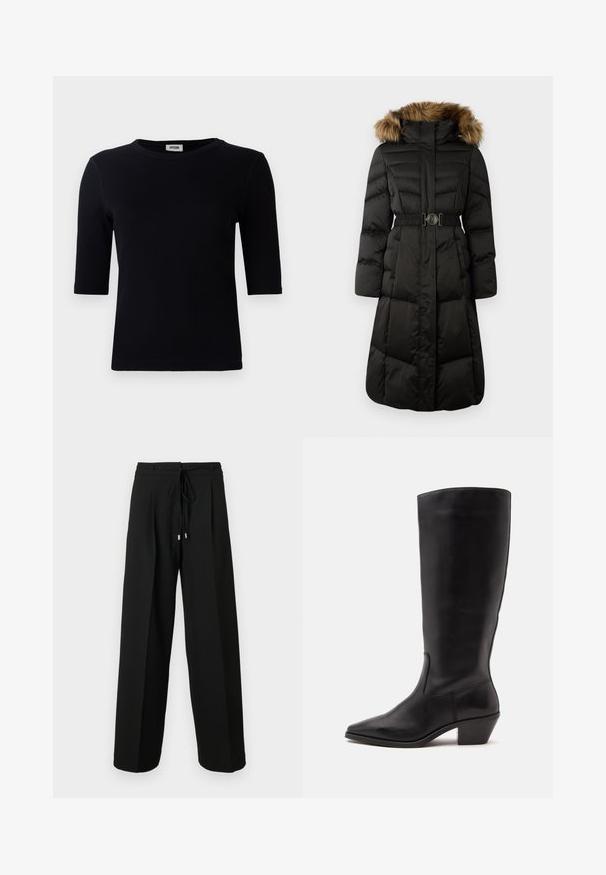 Abrigo de invierno largo y negro, acolchado, con capucha con borde de piel, cremallera frontal, bolsillos laterales y cinturón elástico con hebilla decorativa en la cintura.; Camiseta negra de canalé con escote redondo y mangas tres cuartos. La tela tiene una textura suave y un dobladillo recto. Sin marcas visibles.; Pantalones negros de pierna ancha con cintura ajustable mediante cordón, con pliegues y textura suave. El diseño destaca la comodidad y un ajuste holgado.; Bota de cuero negra hasta la mitad de la pantorrilla con puntera puntiaguda y tacón bajo inclinado sobre un fondo claro y liso.