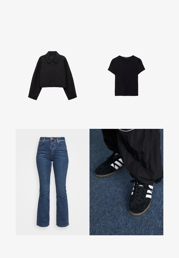 Sort cropped jakke lavet af glat stof, med spids krave, knaplukning og to frontlommer. Vidde ærmer og skræddersyet pasform.; Sort bomulds T-shirt med korte ærmer, rund hals og et enkelt design. Blød tekstur uden synlige mønstre eller accenter.; Højtaljede blå jeans lavet af denim. Flared ben-design med knaplukning og lommer. Har en klassisk vask og syning detaljer.; Sorte suedetrainingssko med tre hvide striber og sorte snørebånd. Et tekstureret sort bukser er delvist synligt ved siden af skoene.