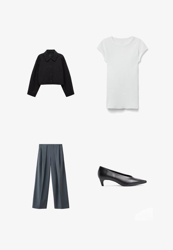 Zwarte cropped jas van gladde stof, met een puntige kraag, knoopsluiting en twee voorzakken. Brede mouwen en een getailleerde pasvorm.; Wit geribd T-shirt met korte mouwen en ronde hals, plat liggend op een witte achtergrond, toont de voorkant en een eenvoudige casual stijl.; Donkergrijze wijde broek met voorplooien en zijzakken, afgebeeld op een witte achtergrond.; Zwarte leren low-heeled pumps met een puntige neus. Soepele textuur en slanke silhouet, met een gebogen hak voor stabiliteit.