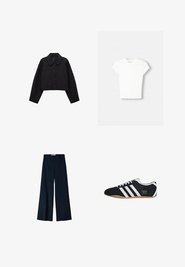 Sort cropped jakke lavet af glat stof, med spids krave, knaplukning og to frontlommer. Vidde ærmer og skræddersyet pasform.; Hvid kortærmet t-shirt lavet af blød bomuld, med rund halsudskæring og en tætsiddende form. Ingen synlige mønstre eller udsmykninger.; Marineblå bredbensbukser lavet af et glat stof, med to frontfoldninger og en enkelt knaplukning i taljen.; Sort ruskinds sneaker med hvide tre striber, guldlogo og en brun gummisål. Har et lavprofil snørebåndsdesign.