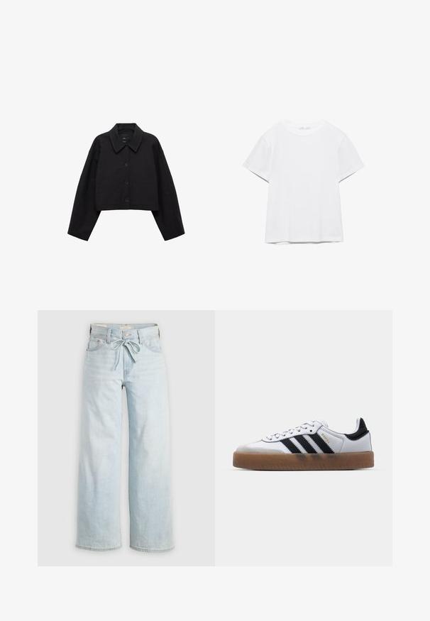 Zwarte cropped jas van gladde stof, met een puntige kraag, knoopsluiting en twee voorzakken. Brede mouwen en een getailleerde pasvorm.; Effen wit T-shirt met korte mouwen en ronde hals, met een rechte zoom, gepresenteerd tegen een witte achtergrond.; Lichtblauwe wijde jeans met een striksluiting, klassiek vijf-pocket ontwerp en subtiele vervaging op de benen. Denim materiaal.; Witte leren sneakers met zwarte strepen, gumrubberen buitenzool, ronde neus, vetersluiting en een zachte grijze suède neuskap.