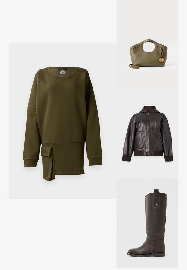 Donkerbruine leren jas met ritssluiting, opstaande kraag, geribde manchetten en zoom, en subtiele reliëfdruk van zakken en merk aan de voorkant.; Olijfgroene sweatshirt, zachte stof, ronde hals, lange mouwen, zijsplit met stoffen accent, geborduurd logo-detail aan de onderkant voor.; Lange, donkerbruine leren laarzen met een gladde afwerking, een ronde neus en een contrasterend bruine accenten. Voorzien van een riempje aan de zijkant met een metalen drukknop.; Olijfgroene leren handtas met ronde uitsnede in het handvat, gouden MK-logo hanger en afneembare schouderriem op een witte achtergrond.