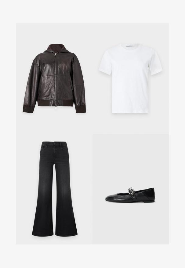Veste zippée en cuir marron foncé avec col montant, poignets et ourlet côtelés, embossage discret des poches et de la marque sur le devant.; T-shirt blanc uni à manches courtes et col rond, posé à plat sur un fond clair, vue de face avec une petite étiquette de marque visible à l'intérieur du col.; Jean noir à jambes larges en denim, doté d'une taille mi-haute, d'un design à cinq poches et d'une texture subtile en surface.; Ballerines en cuir noir avec un bout pointu, dotées d'une sangle avec une boucle métallique circulaire et d'une semelle plate.