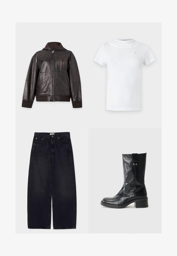 Veste zippée en cuir marron foncé avec col montant, poignets et ourlet côtelés, embossage discret des poches et de la marque sur le devant.; T-shirt blanc à manches courtes avec un col rond superposé et un petit emblème doré sur la poitrine gauche.; Jean en denim noir à jambes larges avec des boutons cuivrés, deux poches avant et une texture lisse. Design épuré avec une coupe droite.; Bottine en cuir noir avec un bout arrondi, un talon empilé modeste et un onglet décoratif sur le côté. Le matériau a une finition lisse et polie.