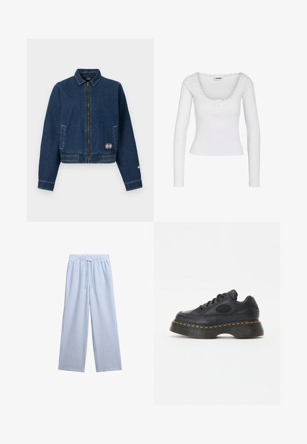 Donkerblauwe spijkerjas met rits aan de voorkant, twee steekzakken, een gestikte zoom en een klein zonnetje patch vlak bij de rechteronderzak.; Wit geribd shirt met lange mouwen, een ronde halslijn, drie kleine knoopjes aan de voorkant en kantafwerking rond de kraag.; Lichtblauwe en witte, verticaal gestreepte wijde broek met elastische tailleband en vooraan koord.; Zwarte leren sneaker met een gestructureerde afwerking, ronde neus en een dikke platformzool. Bevat gele accentstiksels en een merklogo aan de zijkant.