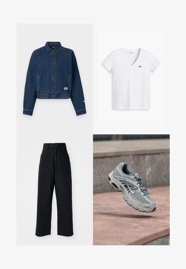 Mørkeblå denimjakke med frontlynlås, to sidelommer, syet kant og et lille solpatch nær den nederste højre lomme.; Hvid bomulds t-shirt med V-hals, korte ærmer og et rødt Levi's-logo broderet på venstre bryst. Glat tekstur, afslappet design.; Sorte højtaljede vid ben jeans med frontlommer og knaplukning, præsenteret mod en plain hvid baggrund.; Lys grå og hvid Nike løbesko med mesh-design, svævende over en stenet overflade udendørs.