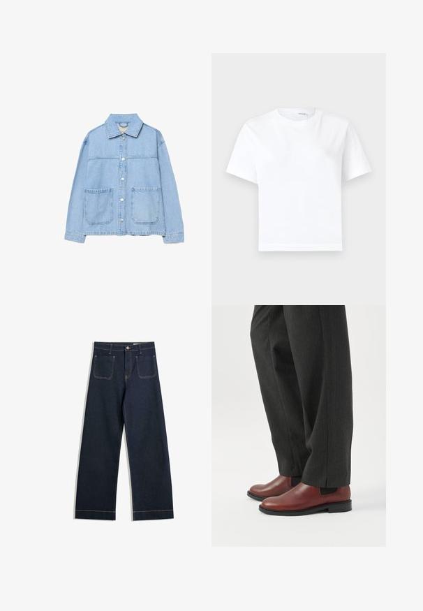 Lyseblå denimjakke med lange ærmer, knapper foran, to store frontlommer med lap, og en klassisk krave.; Hvid kortærmet bomuld t-shirt med rund halsudskæring og lige kant, vist på en hvid baggrund.; Mørkeblå vide jeans lavet af denim med kontrasterende beige syninger, to baglommer og en knaplukning i taljen.; Person iført mørkegrå bukser med lige ben og brune lædersko uden snøre, stående på et hvidt gulv.