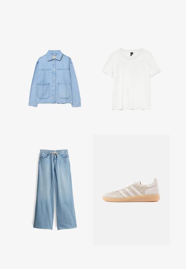 Hellblaue Jeansjacke mit langen Ärmeln, durchgehenden Druckknöpfen vorne, zwei großen aufgesetzten Taschen vorne und einem klassischen Kragen.; Weißes T-Shirt mit kurzen Ärmeln und rundem Ausschnitt, hergestellt aus leichtem Stoff. Schlichtes Design, glatte Textur und gerader Saum.; Helle blaue, weit geschnittene Jeans aus Denim. Mit höherem Bund, Gürtelschlaufen, zwei Vorderaschen und einem Zugverschluss.; Hellbeige Wildleder-Sneaker mit Mesh-Details, drei weißen Streifen und einer Gummisohle. Mit Schnürverschluss und Markenakzenten.