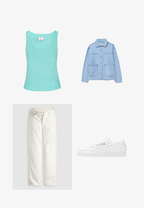 Lyseblå denimjakke med lange ærmer, knapper foran, to store frontlommer med lap, og en klassisk krave.; Lysblå ribbet tanktop med rund halsudskæring og brede skulderstropper. Stoffet ser glat ud med en let stræk. Etiketten er synlig indeni.; Hvide jeans med høj talje, lige ben, knaplukning, lommer foran og bagpå samt synlige kobbernitter i lommekanterne.; Hvide lædersneakers med lavt design, snørebåndslukning, struktureret sidepanel og præget Reebok-logo. Gummisål.