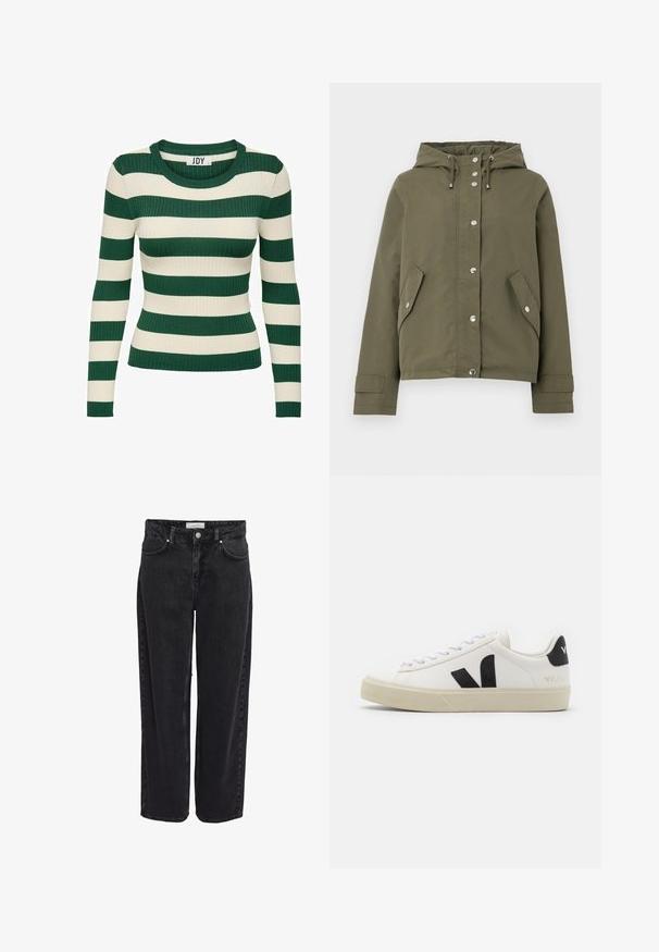 Veste à capuche vert olive avec des boutons-pression à l'avant, un cordon de serrage et des poches à rabat inclinées de chaque côté.; Pull à rayures vertes et crème, à manches longues, en maille côtelée, avec un col rond et une coupe ajustée, présentant une texture de tricot contrastante.; Jean en denim noir taille haute, coupe large, avec cinq poches et fermeture éclair. Texture lisse avec détails de couture minimaux visibles.; Baskets en cuir blanc avec un logo V en caoutchouc noir. Semelle texturée blanc cassé, lacets blancs et détail sur le talon arrière portant le nom de la marque en noir.