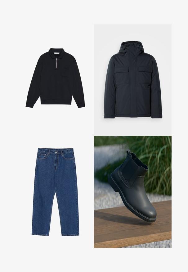 Marineblå isoleret jakke med hætte, der har to store forsorglommer og en glat, mat overflade. Lynlåslukning foran.; Pier One by Zalando Sweatshirt - black; Mørkeblå denim jeans med lige ben, forlommer og en knaplukning med kontraststing hele vejen.; Sort læder ankelstøvle med elastiske sidepaneler, strukturerede accenter og en gummisål; udstillingen inkluderer en træoverflade og grønne planter.