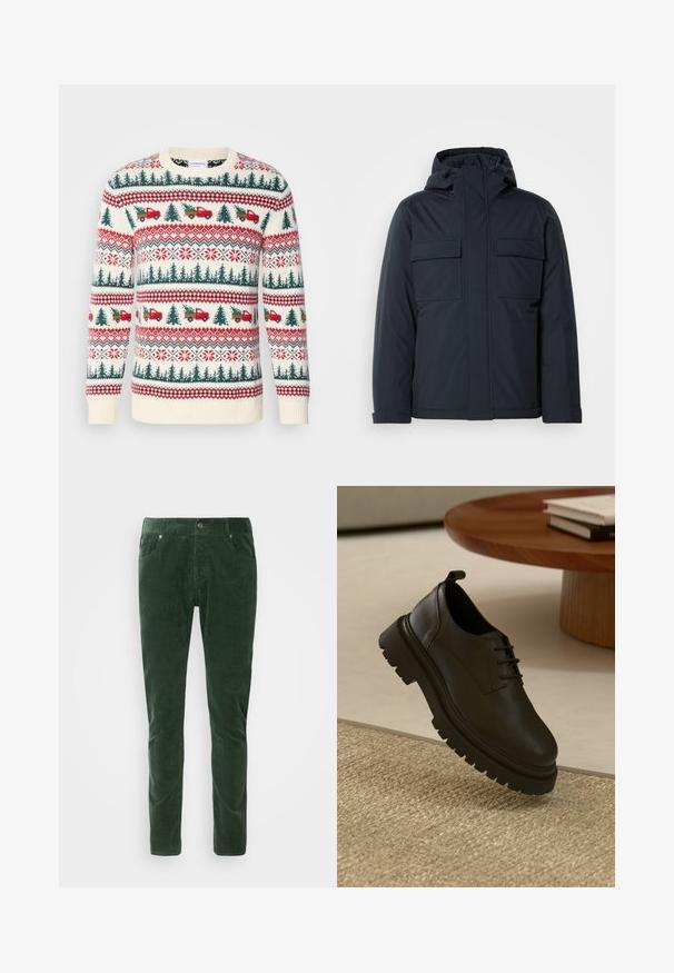 Marineblaue isolierte Jacke mit Kapuze, ausgestattet mit zwei großen frontalen Taschen und einer glatten, matten Oberfläche. Mit einem Reißverschluss vorne.; Strickpullover mit einer cremefarbenen Basis, roten und grünen Mustern von Bäumen, Lastwagen und Schneeflocken, mit gerippten Bündchen und Saum.; Grüne Cordhosen mit geradem Schnitt. Verfügt über fünf Taschen, Knopfverschluss aus Metall und gerippte Textur. Maschinenwaschbar.; Schwarzer Lederschuh mit strukturierten Oberflächen, runder Zehenpartie, Schnürdesign und einer stabilen schwarzen Gummisohle. Schwebt über einem gewebten Teppich.