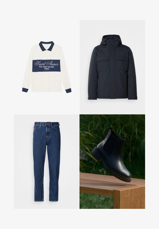 Marineblå isoleret jakke med hætte, der har to store forsorglommer og en glat, mat overflade. Lynlåslukning foran.; Langærmet polo shirt, creme og marineblå, i en bomuldsblanding. Har et marineblåt bånd med hvid tekst og en klassisk krave med marineblå kant.; Mørkeblå jeans lavet af denim, med lige ben, fem-lommer stil og synlige syninger langs sømmene.; Sort læder ankelstøvle med elastiske sidepaneler, der svæver over en træbænk, med grønne planter i baggrunden.