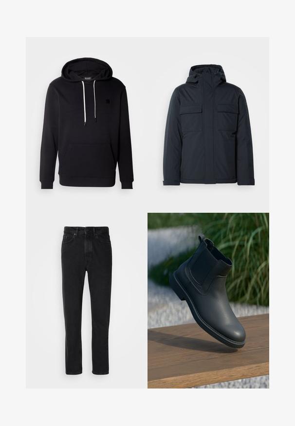 Marineblaue isolierte Jacke mit Kapuze, ausgestattet mit zwei großen frontalen Taschen und einer glatten, matten Oberfläche. Mit einem Reißverschluss vorne.; Schwarzer Hoodie aus weichem Material mit einer vorderen Kängurutasche, Kapuze mit Kordelzug und kleinem schwarzen Logopatch auf der Brust.; Schwarze Denim-Jeans mit geradem Beinschnitt, ausgestattet mit einem Knopf- und Reißverschluss, Fronttaschen und subtiler Textur.; Schwarze Leder-Stiefelette mit elastischen Seitenpanelen, strukturierten Akzenten und Gummisohle; die Präsentation umfasst eine Holzoberfläche und Grünpflanzen.