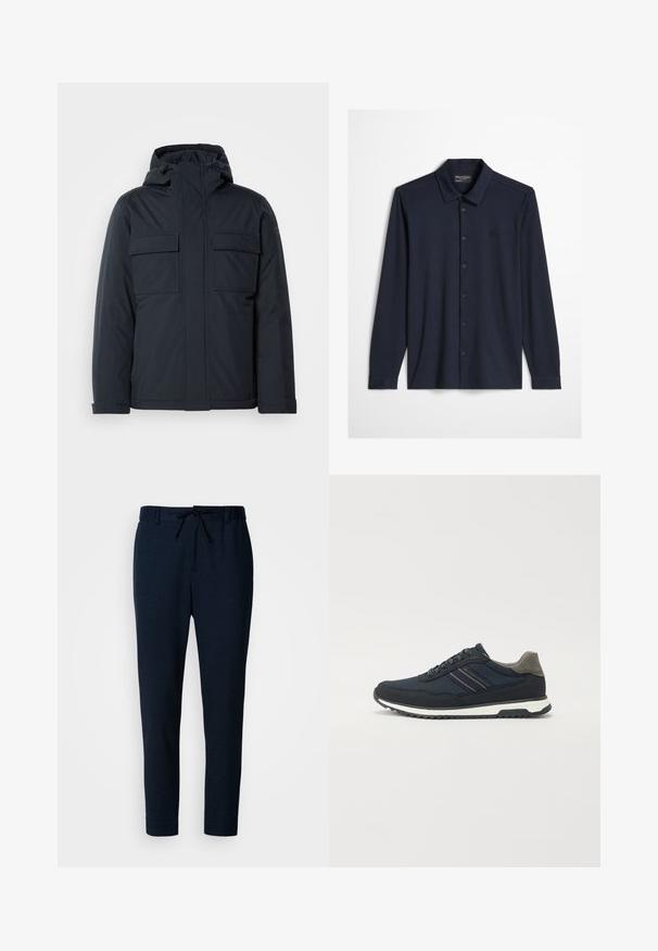 Veste isolée bleu marine avec capuche, dotée de deux grandes poches avant et d'une finition lisse et mate. Fermeture éclair à l'avant.; Chemise bleu marine foncé à manches longues avec col et logo brodé discret sur la poitrine gauche sur un fond clair.; Pantalon bleu marine en tissu doux et léger. Il présente une taille à cordon, des jambes fuselées et une texture lisse.; Baskets en mesh et suède bleu marine avec un accent de talon gris ; dotées d'une semelle intermédiaire blanche et d'une semelle extérieure noire texturée ; détails de rayure minimalistes.