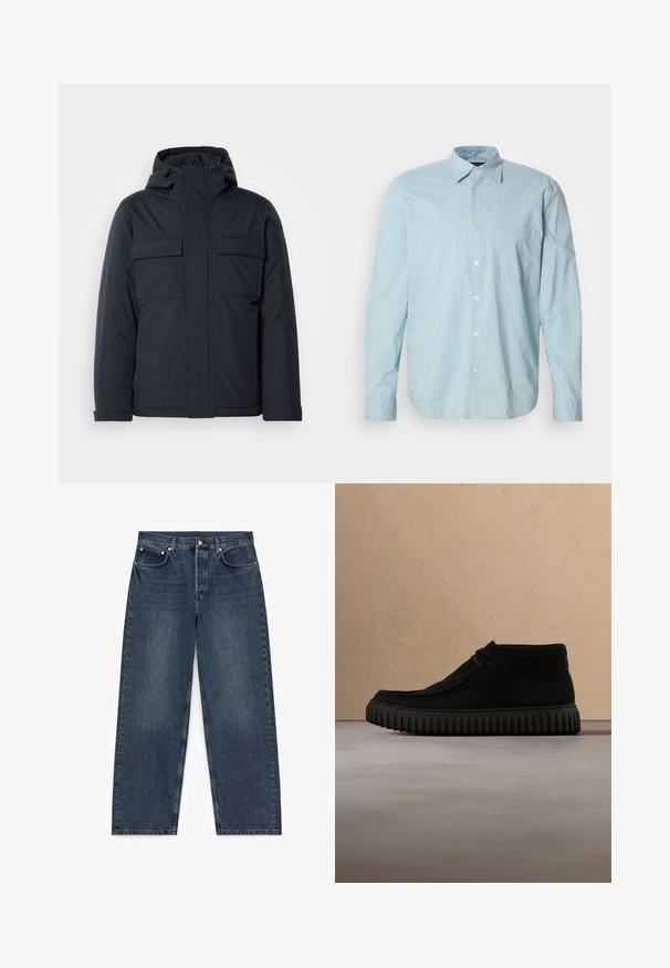 Marineblauwe geïsoleerde jas met capuchon, voorzien van twee grote voorkeurszakken en een gladde, matte afwerking. Met ritssluiting aan de voorkant.; Lichtblauwe geruite overhemd met lange mouwen, met een button-down kraag, borstzak en witte knopen. Gemaakt van een gladde stof.; Donkerblauwe spijkerbroek met rechte pijpen, vijf zakken en knoopsluiting, plat gelegd op een witte achtergrond.; Zwarte enkelboots van zacht materiaal, met een ronde neus, minimale veters en een gestructureerde rubberen zool met verticale groeven.