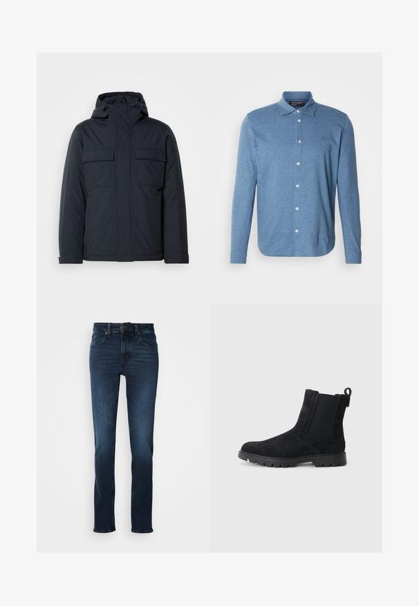 Marineblauwe geïsoleerde jas met capuchon, voorzien van twee grote voorkeurszakken en een gladde, matte afwerking. Met ritssluiting aan de voorkant.; Blauw poloshirt met lange mouwen, gemaakt van gestructureerde stof, voorzien van een knoopsluiting aan de voorkant en een klein logo op de borst.; Donkerblauwe spijkerbroek met een rechte pijp, vijfzakkenstijl, knoopsluiting aan de voorkant en subtiele vervaging op de dijen.; Zwarte suède Chelsea-boots met een gestructureerde bovenkant, elastische zijpanelen, een trekband en een robuuste rubberen zool voor grip.
