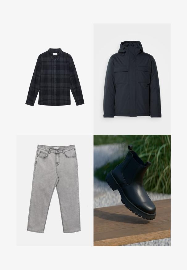 Veste isolée bleu marine avec capuche, dotée de deux grandes poches avant et d'une finition lisse et mate. Fermeture éclair à l'avant.; Chemise en flanelle à carreaux noirs et gris, avec un devant à boutons, des manches longues et un design de col classique.; Jean en denim gris clair avec bouton et fermeture éclair à l'avant, passants pour ceinture et cinq poches, posé à plat sur un fond blanc.; Bottes en cuir noir à la cheville avec panneaux latéraux élastiques, bout rond et semelle épaisse, exposées sur une surface en bois.