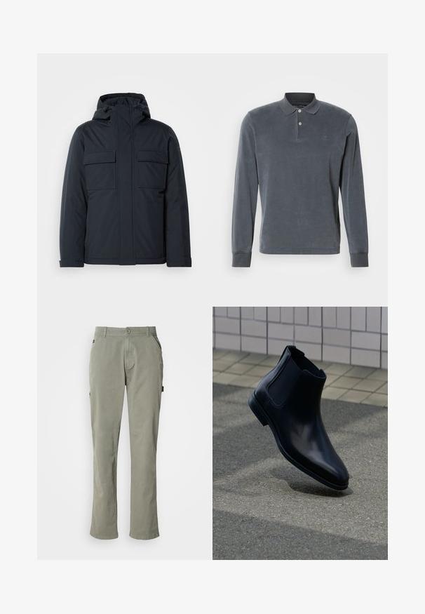 Veste isolée bleu marine avec capuche, dotée de deux grandes poches avant et d'une finition lisse et mate. Fermeture éclair à l'avant.; Polo à manches longues en gris foncé, fabriqué en tissu doux, avec une patte de boutonnage à trois boutons, des poignets côtelés et un logo brodé discret sur la poitrine.; Pantalon en coton vert clair à coupe droite, avec des poches devant, une fermeture à bouton et une taille avec passants de ceinture.; Bottine Chelsea en cuir noir avec panneaux latéraux élastiques affichée au-dessus d’un pavé gris et d’un mur carrelé en arrière-plan.