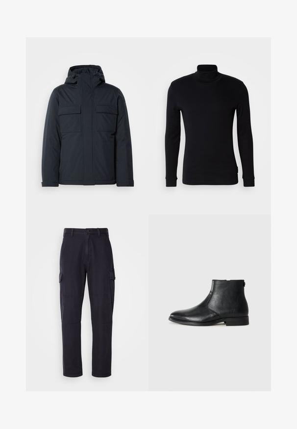 Veste isolée bleu marine avec capuche, dotée de deux grandes poches avant et d'une finition lisse et mate. Fermeture éclair à l'avant.; Chandail noir à manches longues et col roulé en tissu doux. Présente un design ajusté avec des poignets côtelés et une texture lisse. Pas de motifs ni de logos.; Pantalons cargo bleu marine en mélange de coton, avec poches latérales, une coupe droite et des détails de couture visibles.; Botte cheville en cuir noir avec un bout arrondi, texture lisse, talon bas et un détail de fermeture éclair sur le côté pour un enfilage facile.