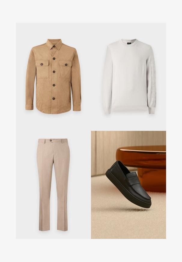 Beige Jacke aus weichem Material, mit einem Knopfverschluss, zwei aufgesetzten Taschen mit Knöpfen und langen Ärmeln mit geknöpften Manschetten.; Helles grau gestrickter Pullover mit Rundhalsausschnitt und langen Ärmeln. Verfügt über erhabenen Logo-Text entlang des linken Ärmels. Weicher Stoff, gerippte Bündchen.; Beige Hose aus leichtem Stoff, mit geradem Schnitt, Ein-Knopf-Verschluss und zwei Fronttaschen.; Schwarzer Leder-Pantoffel mit einem Riemen über dem Obermaterial, positioniert auf einem beigen Teppich und neben einem braunen runden Tisch.