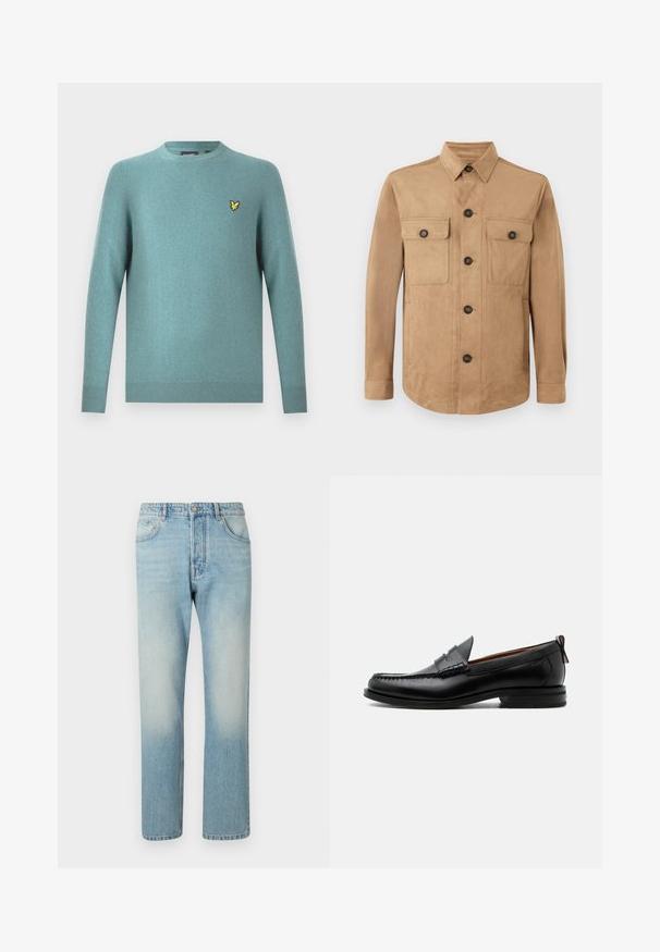 Chaqueta marrón hecha de tela suave, con cierre de botones en la parte delantera, dos bolsillos con solapa y botón, y mangas largas con puños abotonados.; Suéter de cuello redondo en tejido suave color verde azulado, con mangas largas y borde acanalado. Detalle de logo bordado en amarillo en el pecho.; Jeans de color azul claro hechos de denim, con un diseño de pierna recta, estructura de cinco bolsillos y efecto de lavado desgastado en los muslos.; Mocasín de hombre de piel negra con costura moc toe, tira penny, cuello texturizado y tacón bajo apilado sobre fondo blanco.