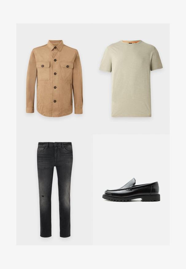 Veste beige en tissu doux, dotée d'une fermeture boutonnée à l'avant, de deux poches à rabat avec des boutons, et de manches longues avec des poignets boutonnés.; T-shirt vert clair à manches courtes en tissu texturé. Doté d'un col rond et d'un petit logo "BOSS" en relief sur la poitrine.; Jeans en denim noir ajustés avec décoloration, légers effilochages près du genou, cinq poches et fermeture à bouton et zip standard.; Mocassin en cuir noir avec semelle en caoutchouc épaisse, dessus cousu et nom de marque embossé sur le talon, présenté de profil sur fond blanc.