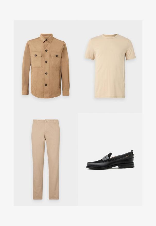 Veste beige en tissu doux, dotée d'une fermeture boutonnée à l'avant, de deux poches à rabat avec des boutons, et de manches longues avec des poignets boutonnés.; T-shirt en coton beige à manches courtes, avec un col rond et un texte LOGO en relief sur le devant. Tissu lisse et coupe standard.; Pantalon beige en coton avec une coupe droite, doté d'une fermeture à bouton à l'avant, de poches latérales et de détails texturés subtils.; Mocassin en cuir noir avec détail de bride grise, talon bas et semelle texturée, marqué "HUGO" en or sur le côté.