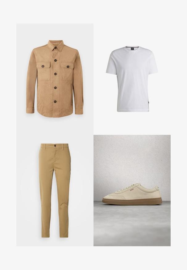 Tan jas gemaakt van zachte stof, met een knoopsluiting aan de voorkant, twee klepzakken met knopen en lange mouwen met knoopsluiting aan de manchetten.; Witte T-shirt met korte mouwen van katoen. Heeft een ronde hals en een subtiele merklabel aan de zijkant. Zachte textuur en eenvoudig ontwerp.; Khaki broek van katoen. Slim fit ontwerp met een gladde textuur, voorzakken en een enkele knoopsluiting bij de taille.; Lichtbeige suède sneaker met een zool van gumrubber, opvallende veters en subtiele stikdetails. Strak ontwerp met een minimalistische uitstraling.