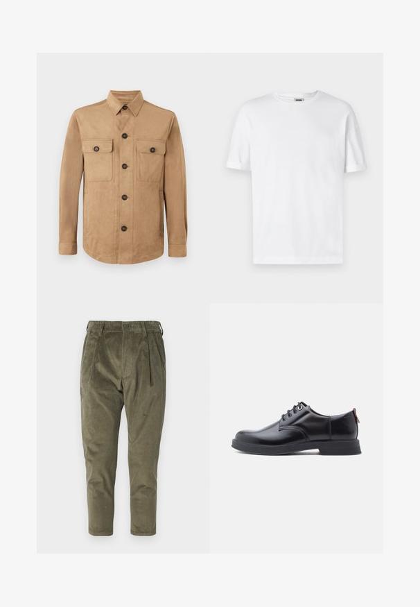 Beige jakke lavet af blødt stof, med knaplukning foran, to klaplommer med knapper og lange ærmer med knapmanchetter.; Hvid bomulds T-shirt med rund hals, korte ærmer og oprevet manchetter; enkel design, blød tekstur og lige snit.; Olivengrønne fløjlsbukser med afslappet pasform, der har folder, elastisk talje og tapered ben. Struktureret stof med lodrette ribber.; Sorte snørestøvler i læder med glat tekstur, rundet tå og diskrete syningsdetaljer. Har en rød trækflig på hælen.