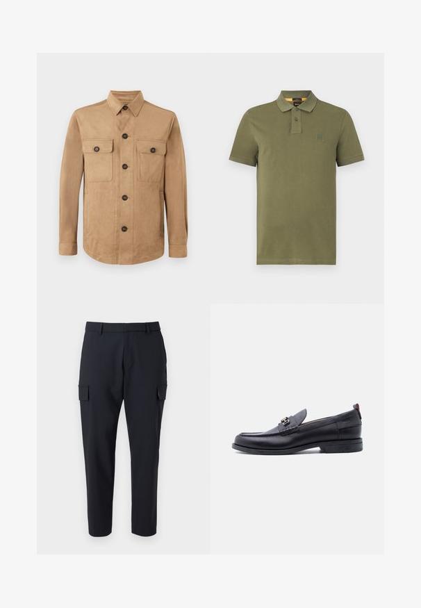 Tan jas gemaakt van zachte stof, met een knoopsluiting aan de voorkant, twee klepzakken met knopen en lange mouwen met knoopsluiting aan de manchetten.; Olijf groene polo shirt van katoen, met een drieknops sluiting, korte mouwen en een klein logo op de borst.; Donkerblauwe cargobroek met rechte pijpen, twee zijzakken en een vlakke voorkant. Gemaakt van een lichtgewicht stof.; Zwarte leren loafer met grijze, gestructureerde vamp, zilveren metalen gesp, lage hak en trekkoord aan de achterkant.