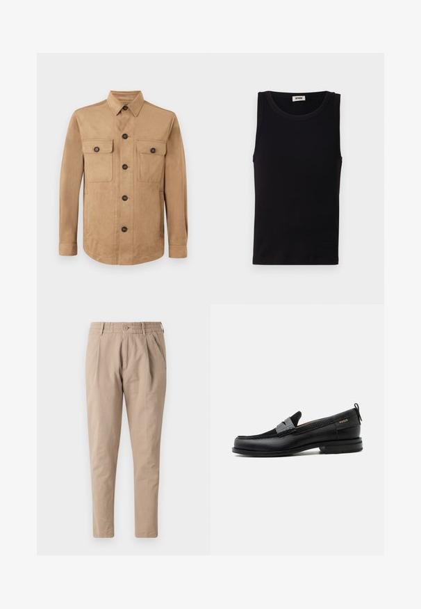 Veste beige en tissu doux, dotée d'une fermeture boutonnée à l'avant, de deux poches à rabat avec des boutons, et de manches longues avec des poignets boutonnés.; Débardeur noir sans manches en coton doux. Il présente une encolure ronde et une coupe droite, avec des détails de couture minimaux.; Pantalons en coton beige avec une coupe décontractée, taille élastique, fermeture à bouton et poches latérales. Texture lisse, conception à jambes fuselées.; Mocassin en cuir noir avec détail de bride grise, talon bas et semelle texturée, marqué "HUGO" en or sur le côté.